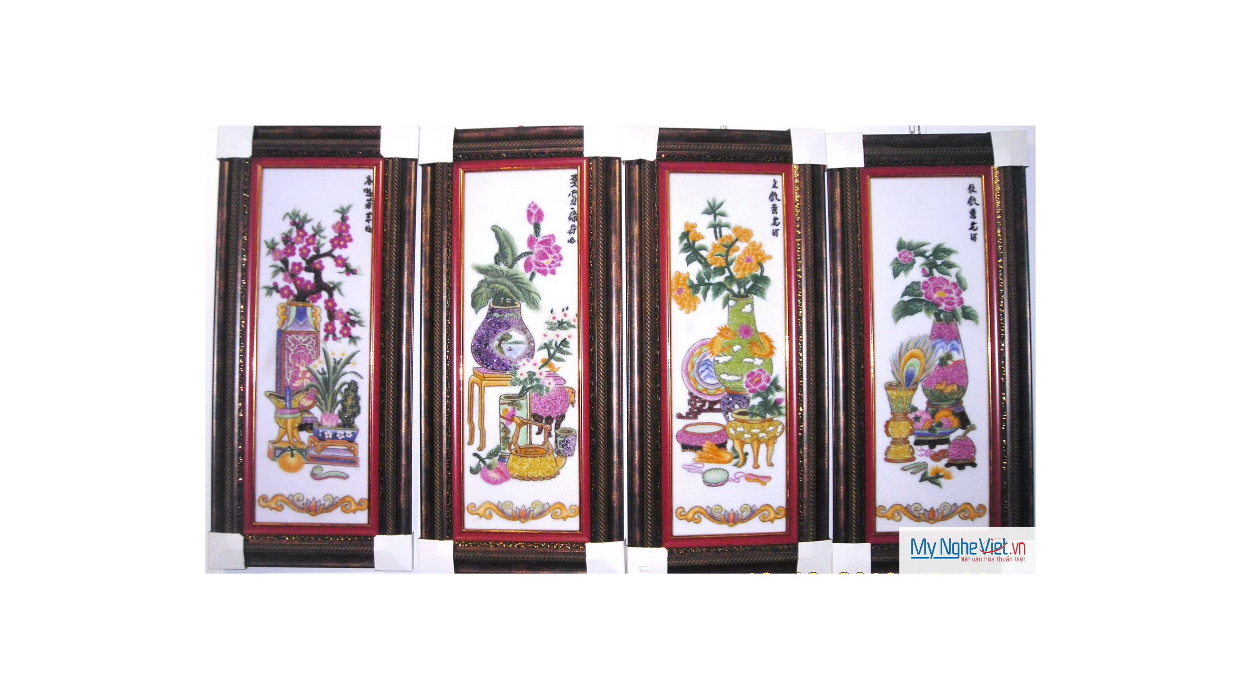 Tranh tứ bình Đào-Sen-Cúc-Mẫu Đơn MNV-TD273